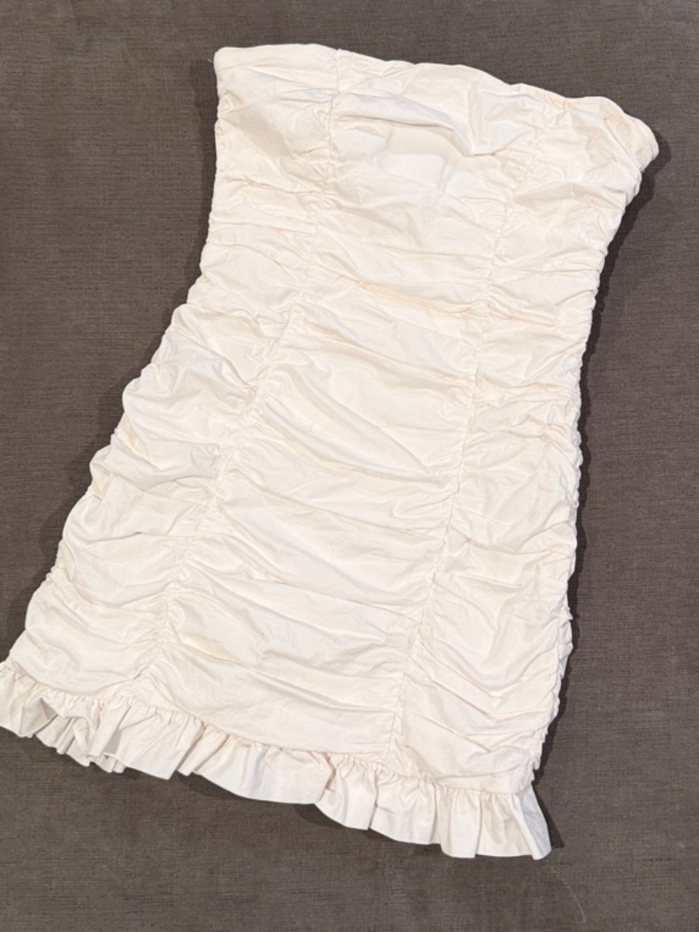 Forever 21 white Ruched Strapless Mini Dress with Ruffle Hem